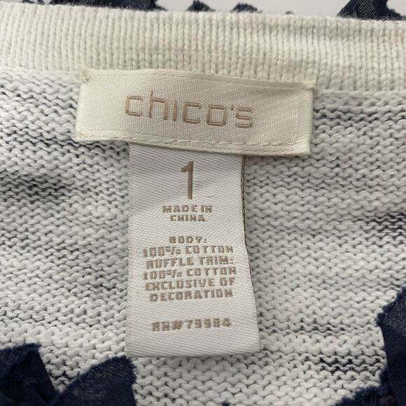 CHICO'S Women Cardigan Sz 1 Beaded Ruffle Blue/White Preppy Sweater pockets M - Picture 6 of 12